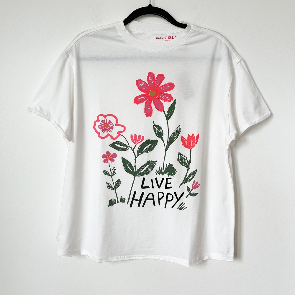 NEW Natural Life Live Happy Floral Graphic Boxy T-Shirt Womens XS White Pink